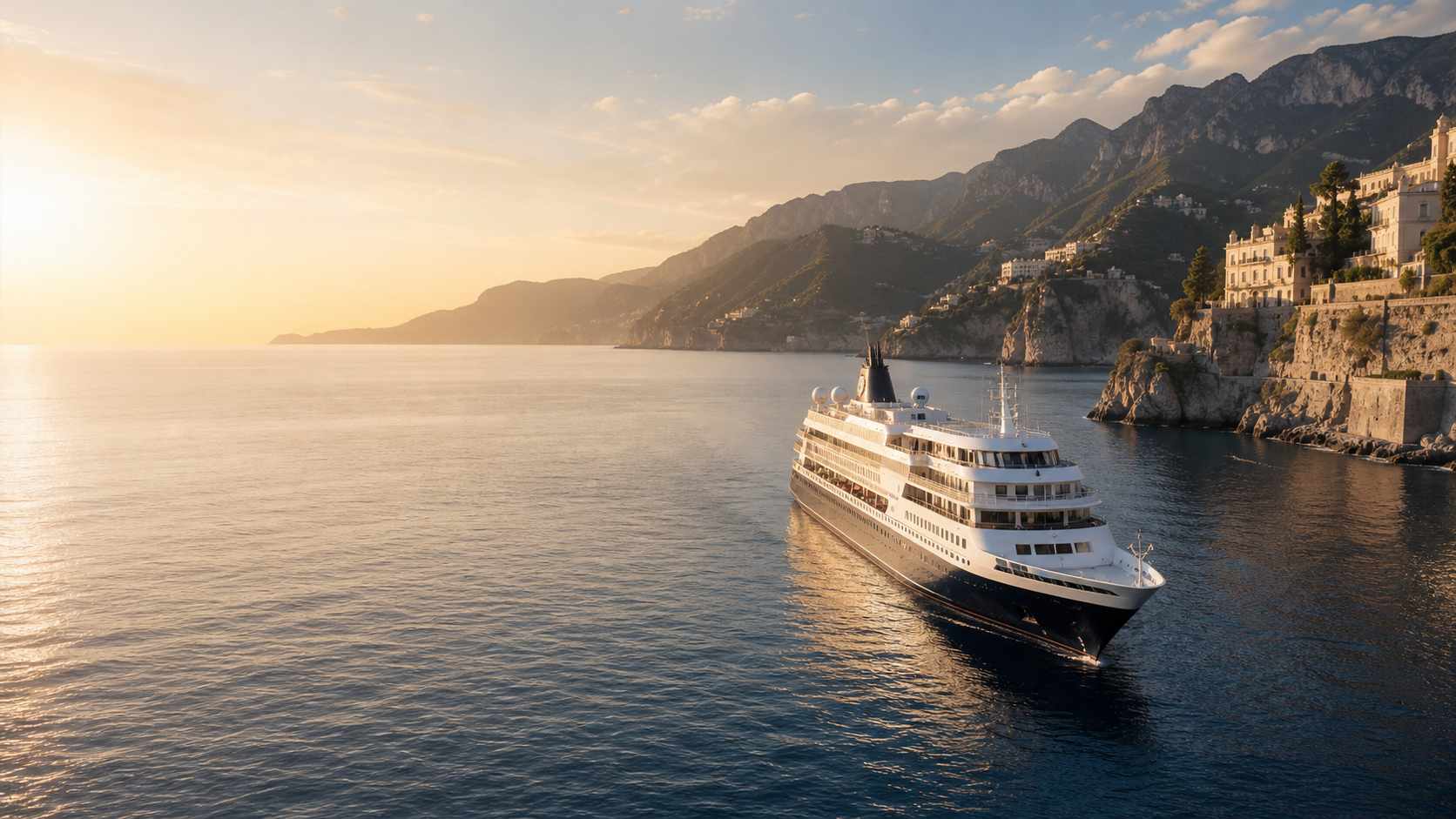 Luxury ocean cruise ship sailing beside a dramatic Mediterranean coastline