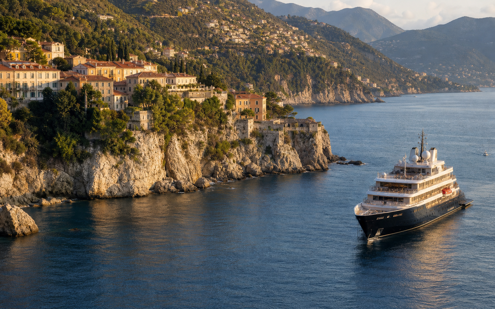 Elegant ocean cruise sailing through a scenic Mediterranean coastline
