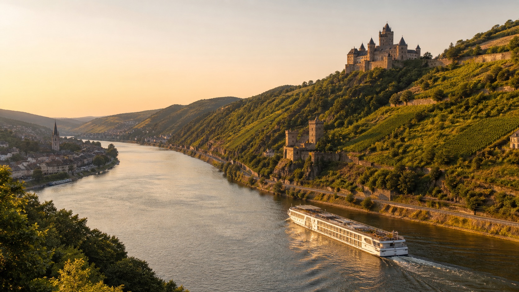 Luxury river cruise ship sailing through a European castle-lined gorge at golden hour