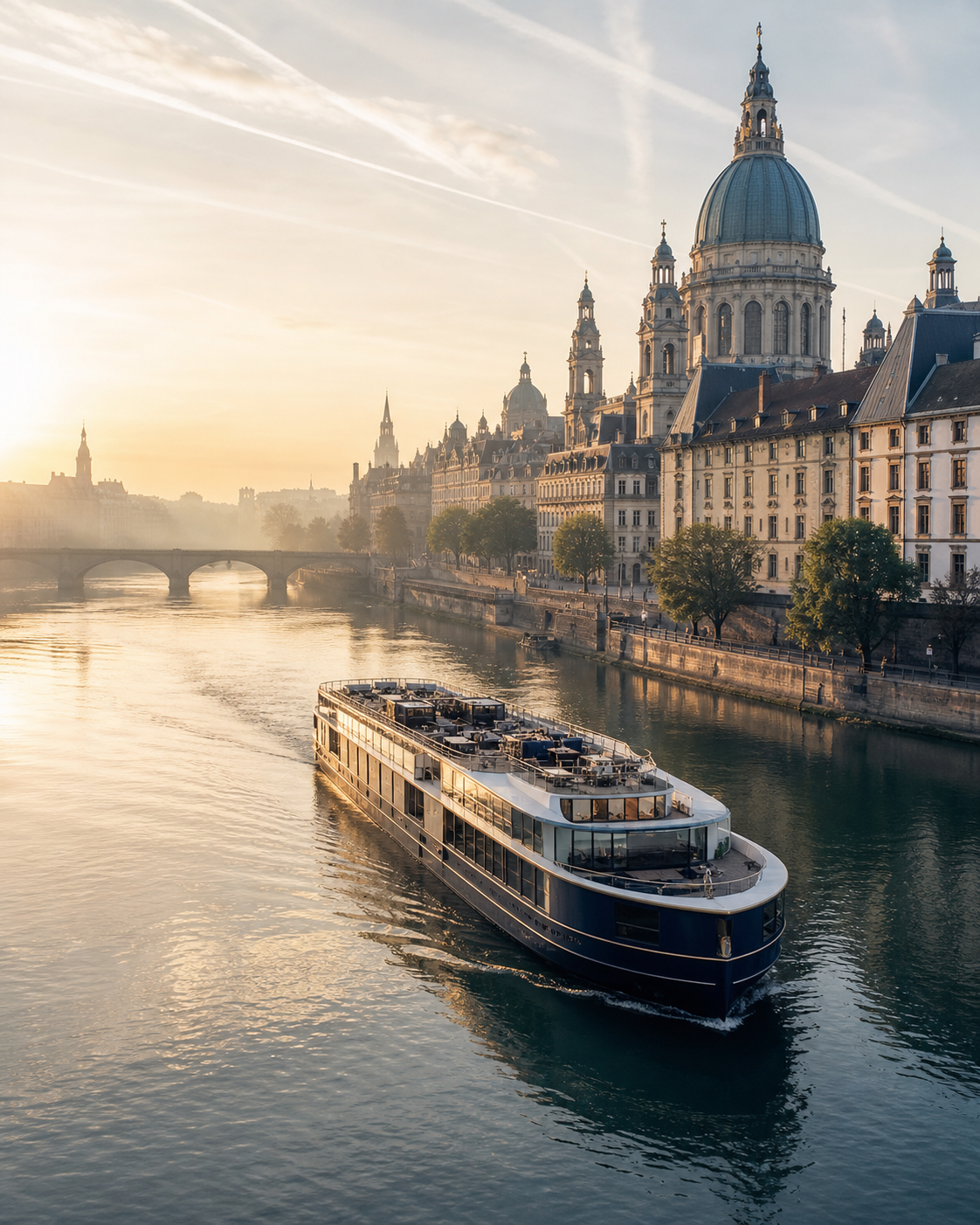 River cruise ship passing European architecture