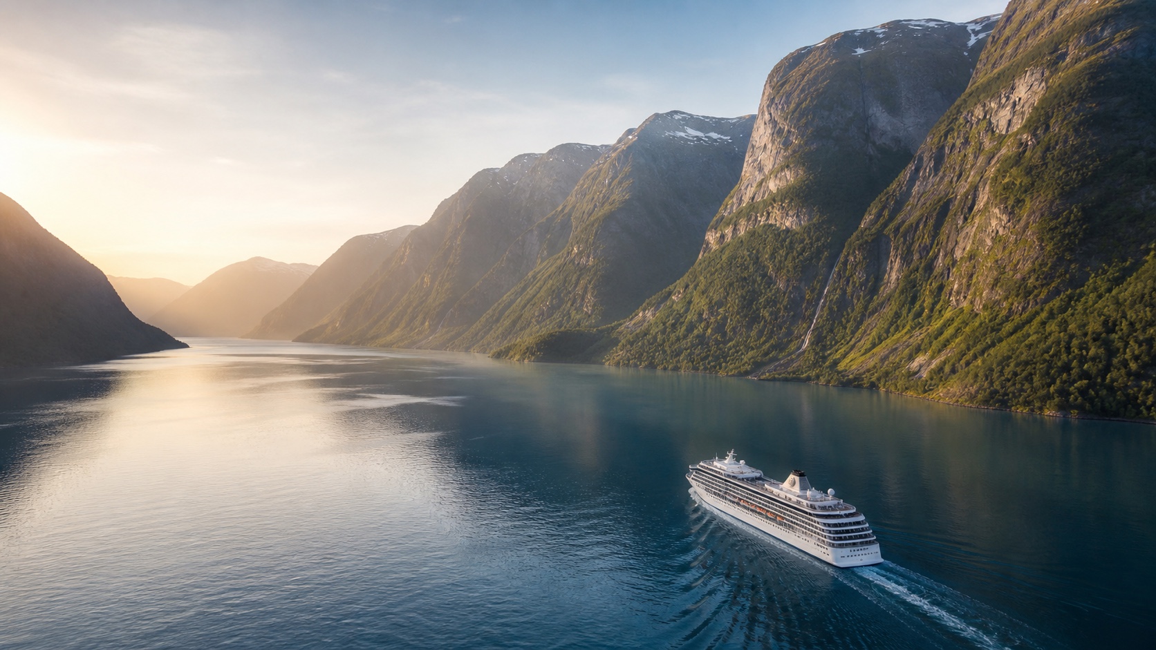 Luxury cruise ship sailing through the Norwegian fjords at golden hour